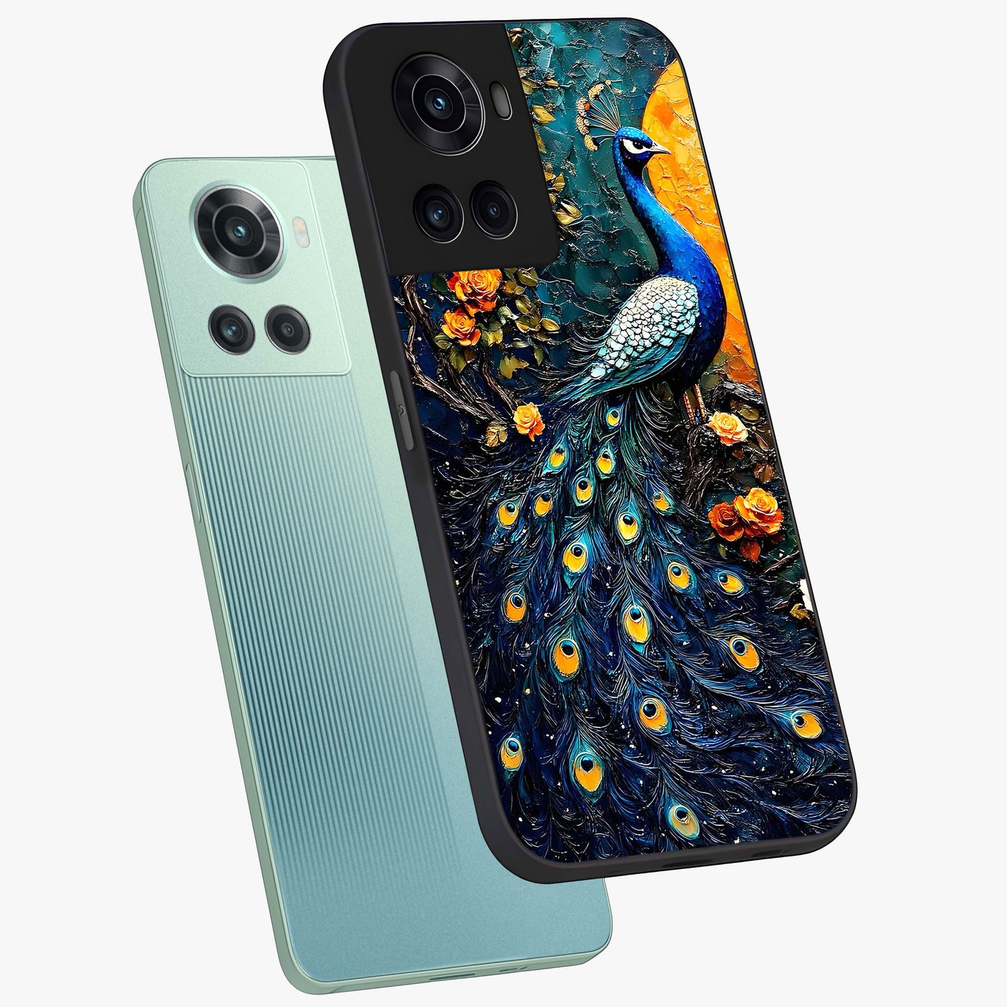 Peacock With Yellow Moon Glass Case for 1+10R angled mockup showcasing glossy finish and deep night tones