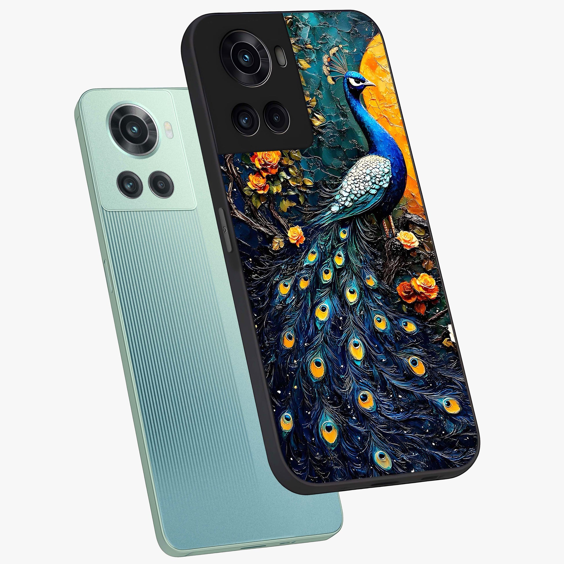Peacock With Yellow Moon Glass Case for 1+10R angled mockup showcasing glossy finish and deep night tones