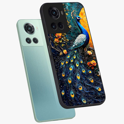 Peacock With Yellow Moon Glass Case for 1+10R angled mockup showcasing glossy finish and deep night tones