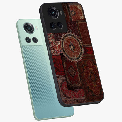 Persian Heritage Collage Glass Case for 1+10R angled mockup showcasing glossy finish and detailed ornamental patterns