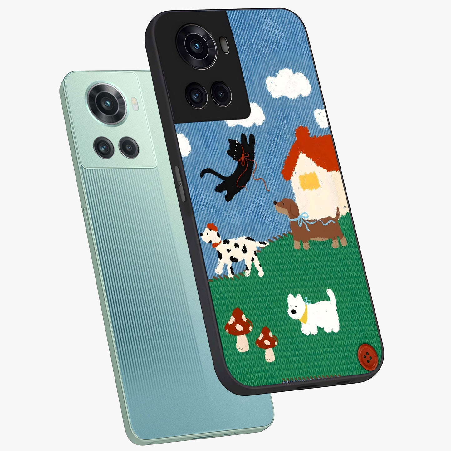 Pet Adventures Glass Case for 1+10R angled mockup showcasing glossy finish and vibrant cartoon tones