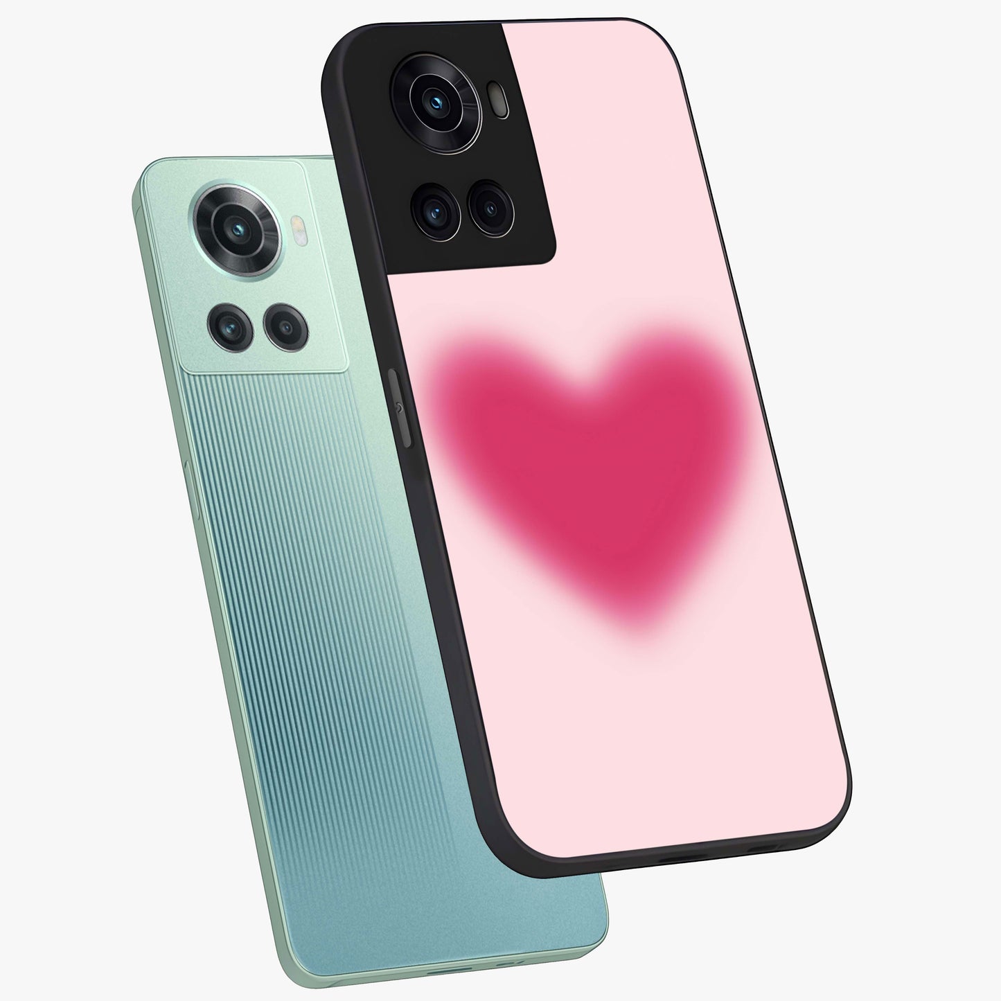 Pink Aura Heart Glass Case for 1+10R angled mockup showcasing glossy glass finish and radiant aura detailing