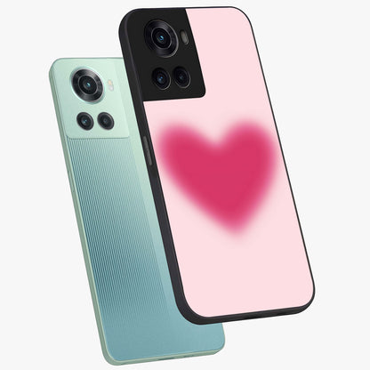 Pink Aura Heart Glass Case for 1+10R angled mockup showcasing glossy glass finish and radiant aura detailing