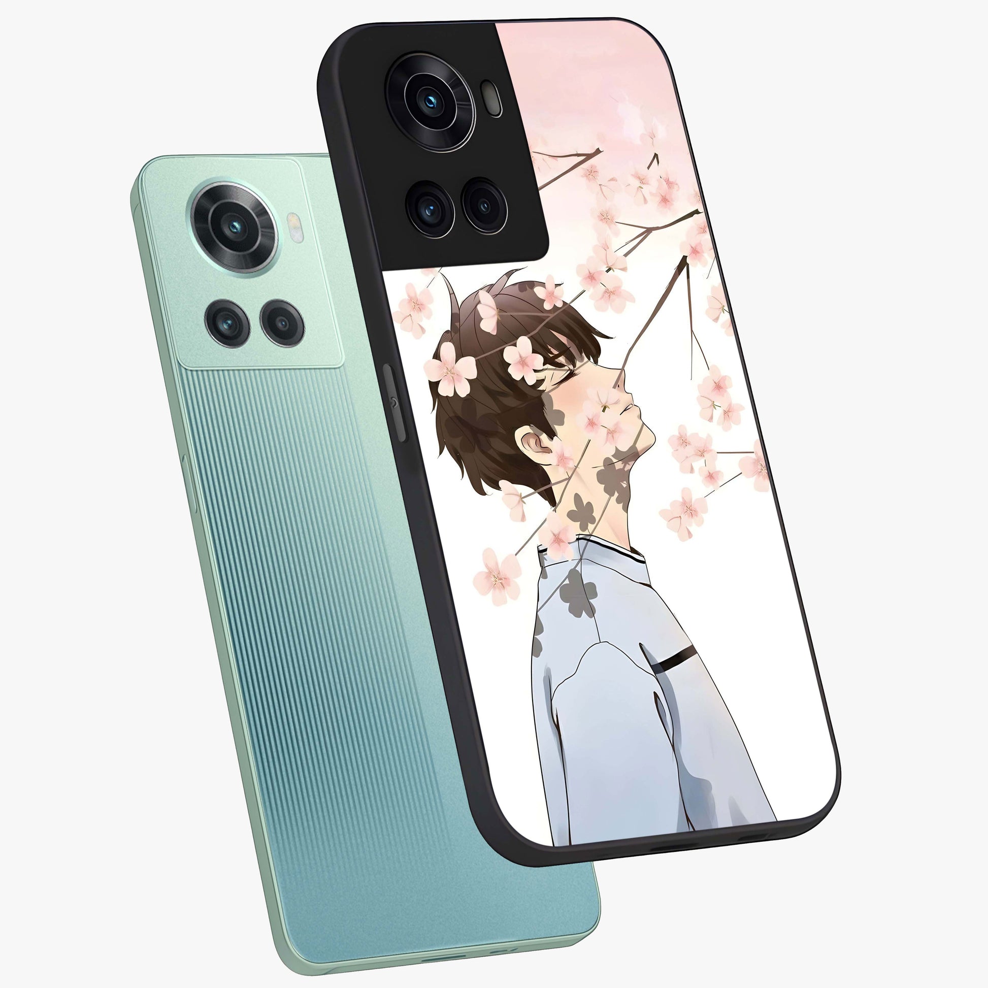 Pink Blossom Boy Glass Case for 1+10R angled mockup showcasing glossy finish and soft bloom tones