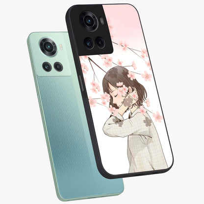 Pink Blossom Girl Glass Case for 1+10R angled mockup showcasing glossy finish and pastel floral detailing