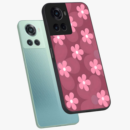 Pink Daisy Flower Pattern Glass Case for 1+10R angled mockup showcasing glossy finish and playful bloom detailing