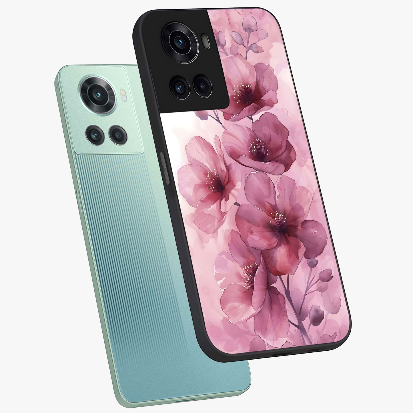 Pink Floral Glass Case for 1+10R angled mockup showcasing glossy finish and delicate bloom detailing