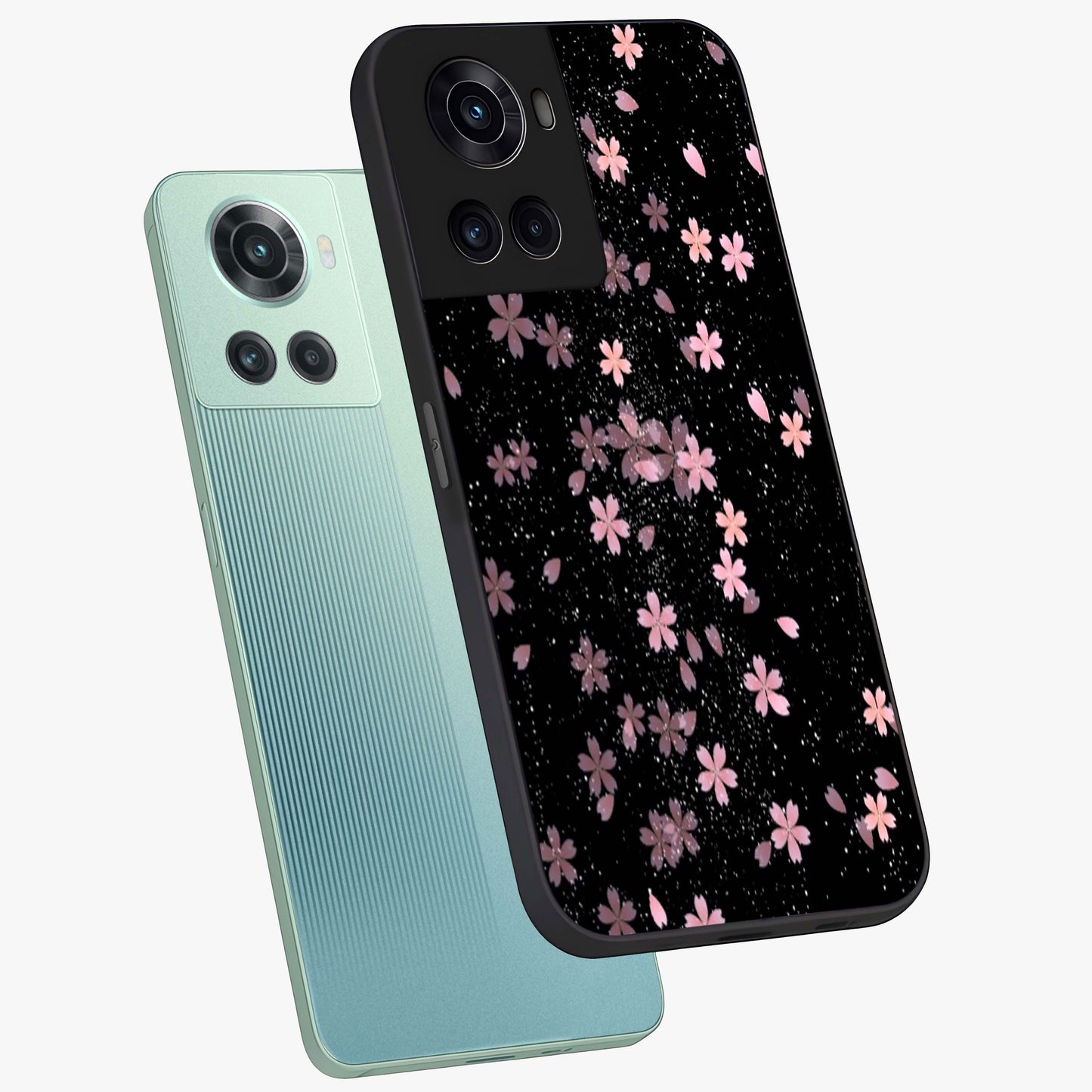 Pink Flower Black Background Glass Case for 1+10R angled mockup showcasing glossy finish and bold contrast tones