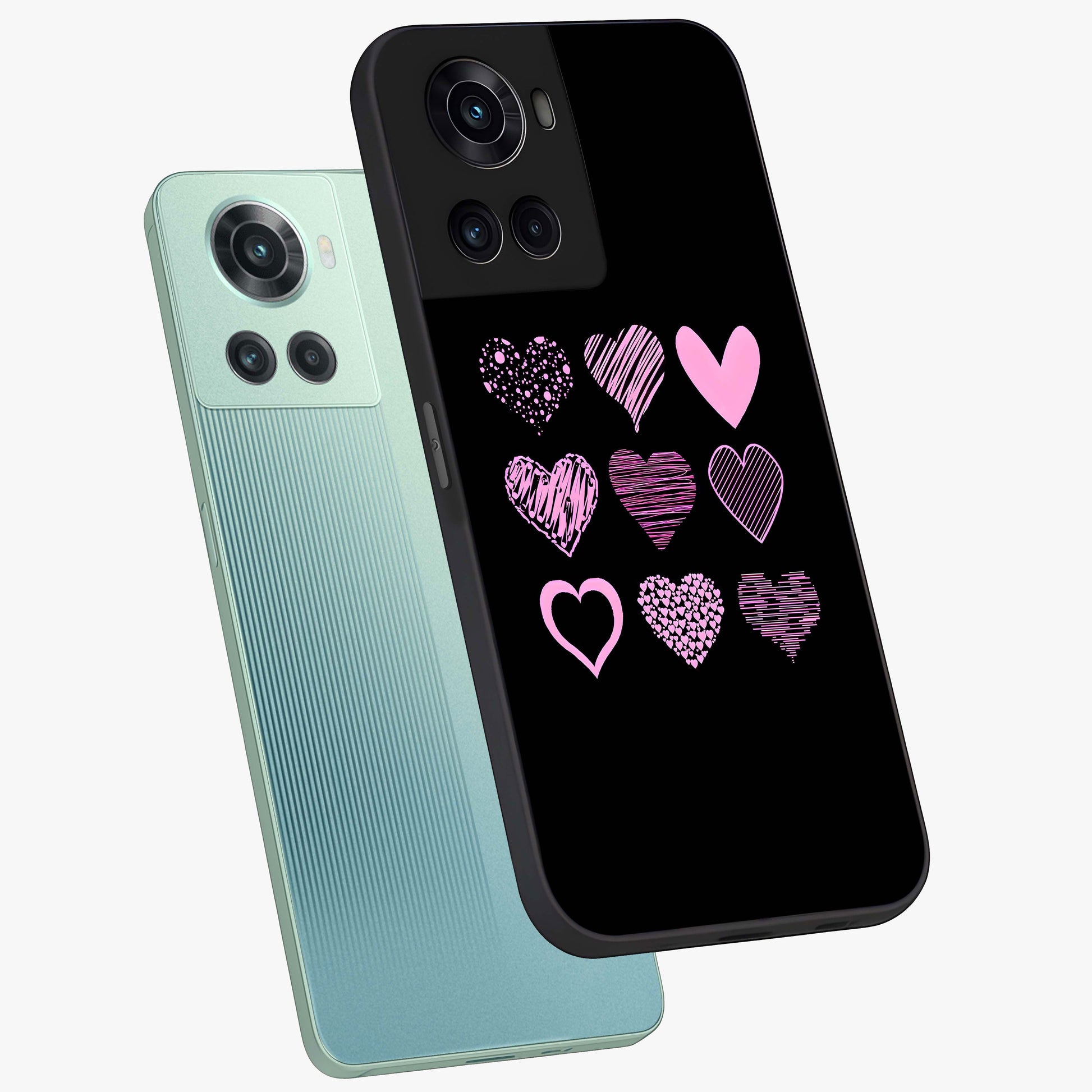 Pink Heart Aesthetic Glass Case for 1+10R angled mockup showcasing glossy finish and pastel romantic detailing