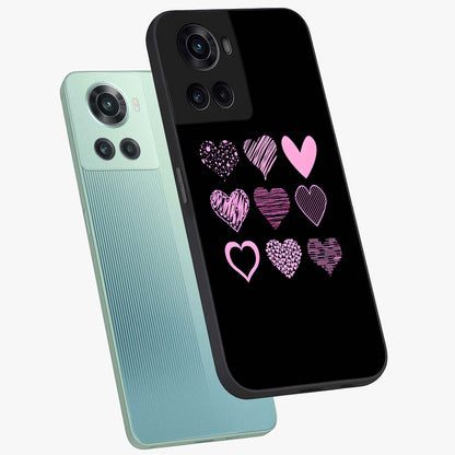 Pink Heart Aesthetic Glass Case for 1+10R angled mockup showcasing glossy finish and pastel romantic detailing