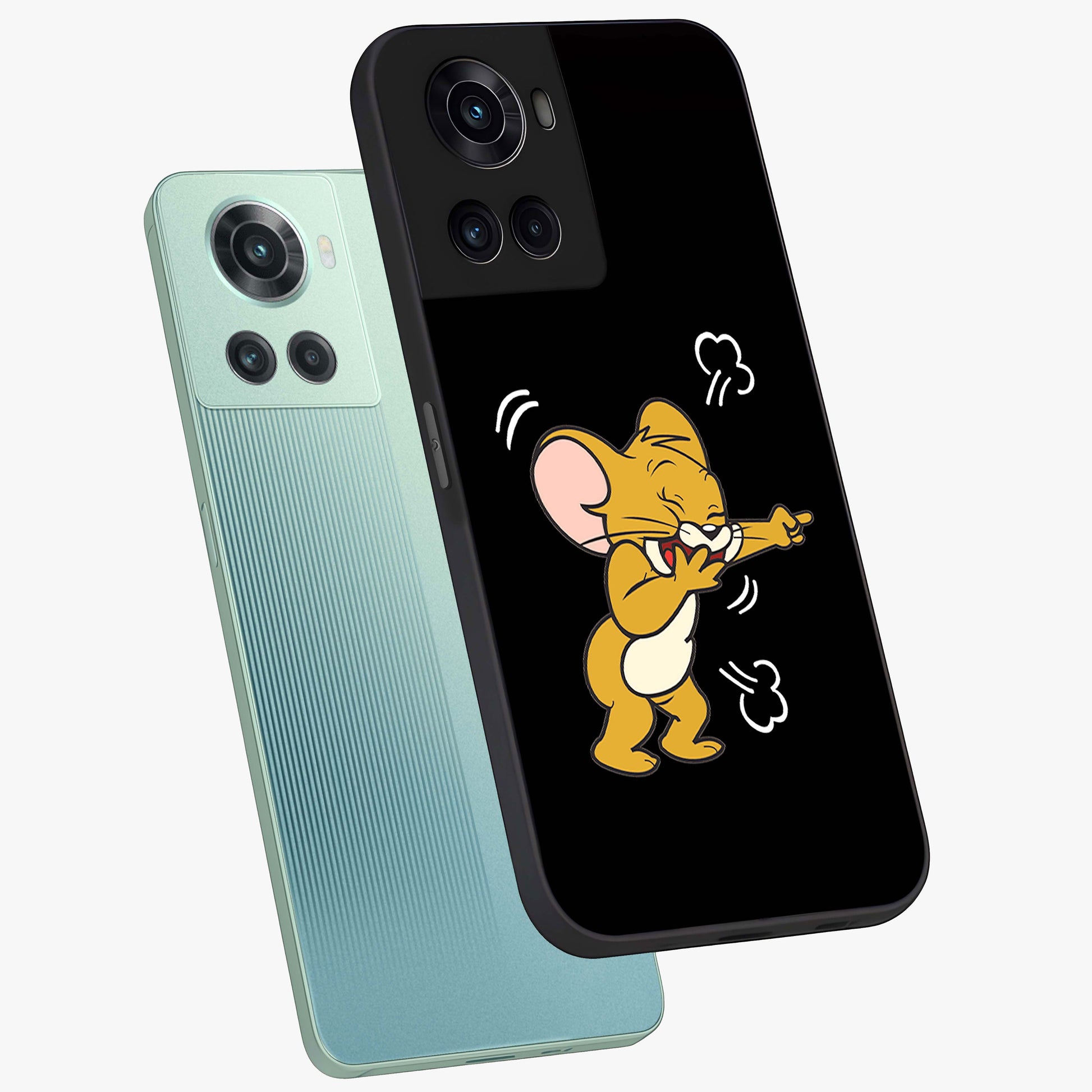 Playful Jerry Vibes Glass Case for 1+10R angled mockup showcasing glossy finish and vibrant character detailing