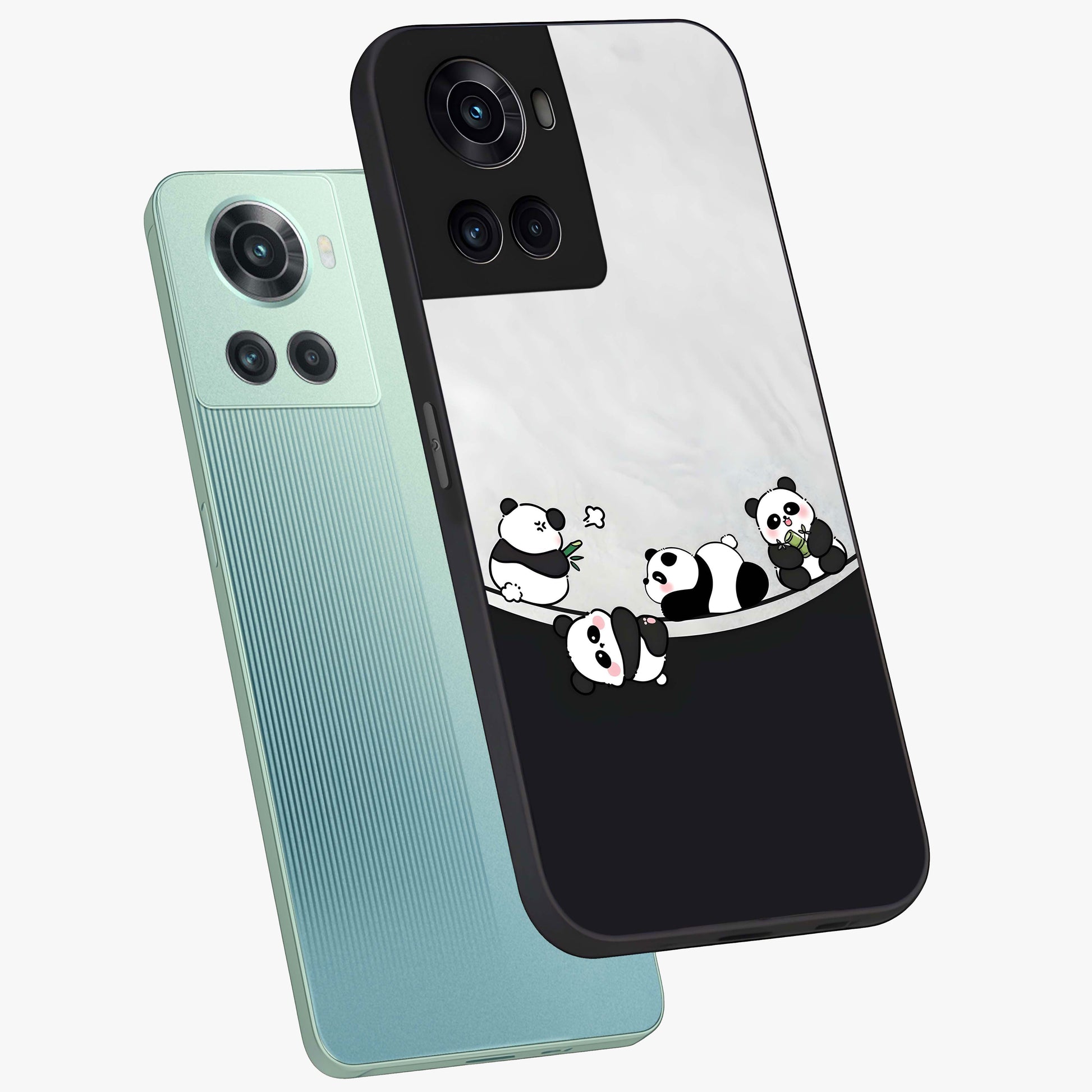 Playful Panda Parade Glass Case for 1+10R angled mockup showcasing glossy finish and soft pastel tones
