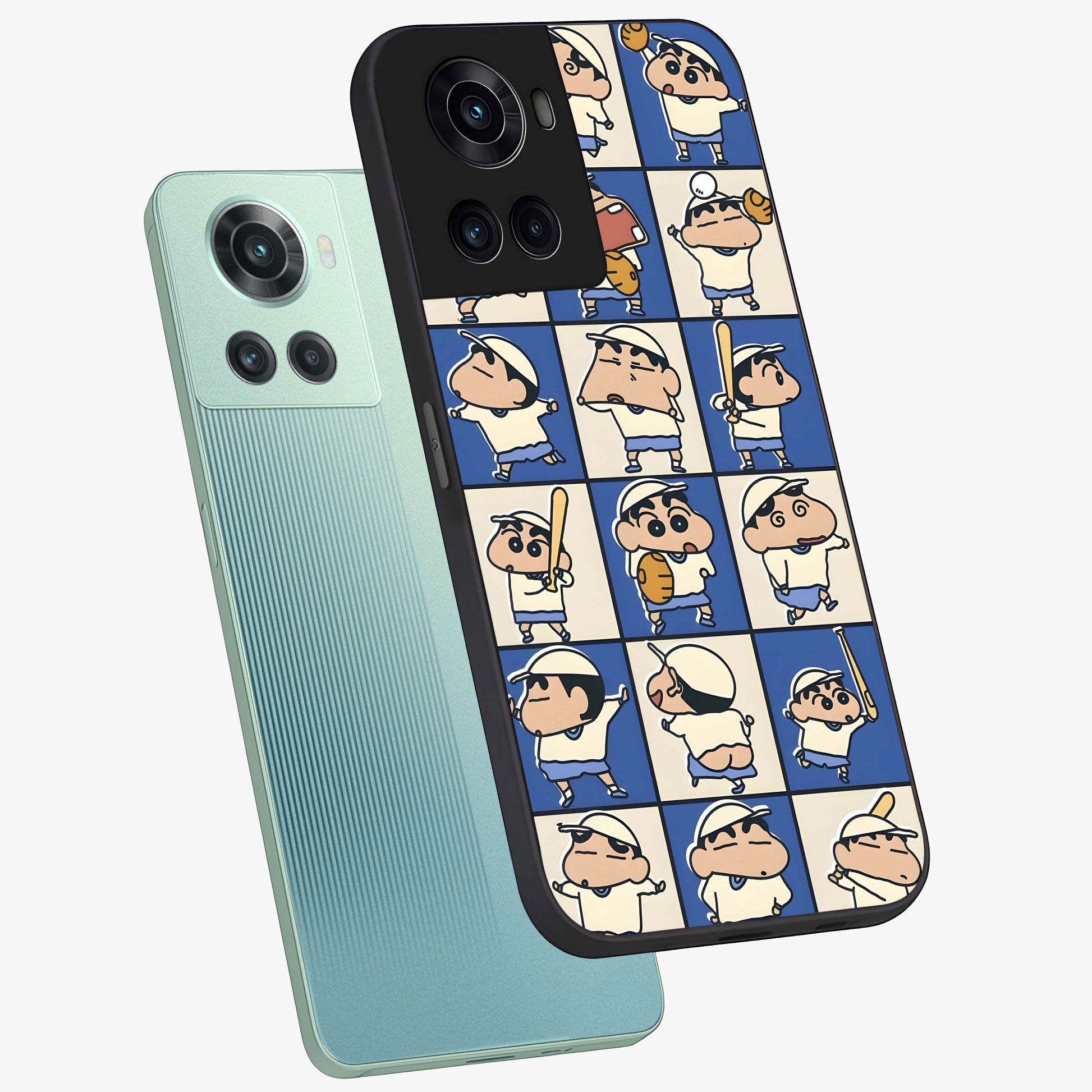 Playful Shin Swing Glass Case for 1+10R angled mockup showcasing glossy finish and vibrant cartoon detailing
