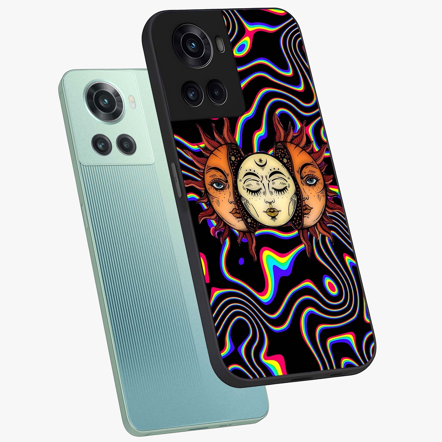 Psychedelic Sun Glass Case for 1+10R angled mockup showcasing glossy finish and bold abstract detailing