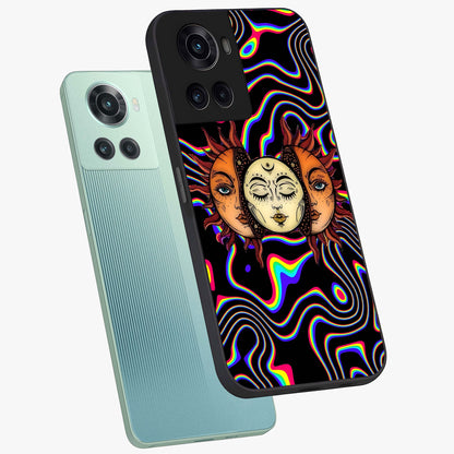 Psychedelic Sun Glass Case for 1+10R angled mockup showcasing glossy finish and bold abstract detailing