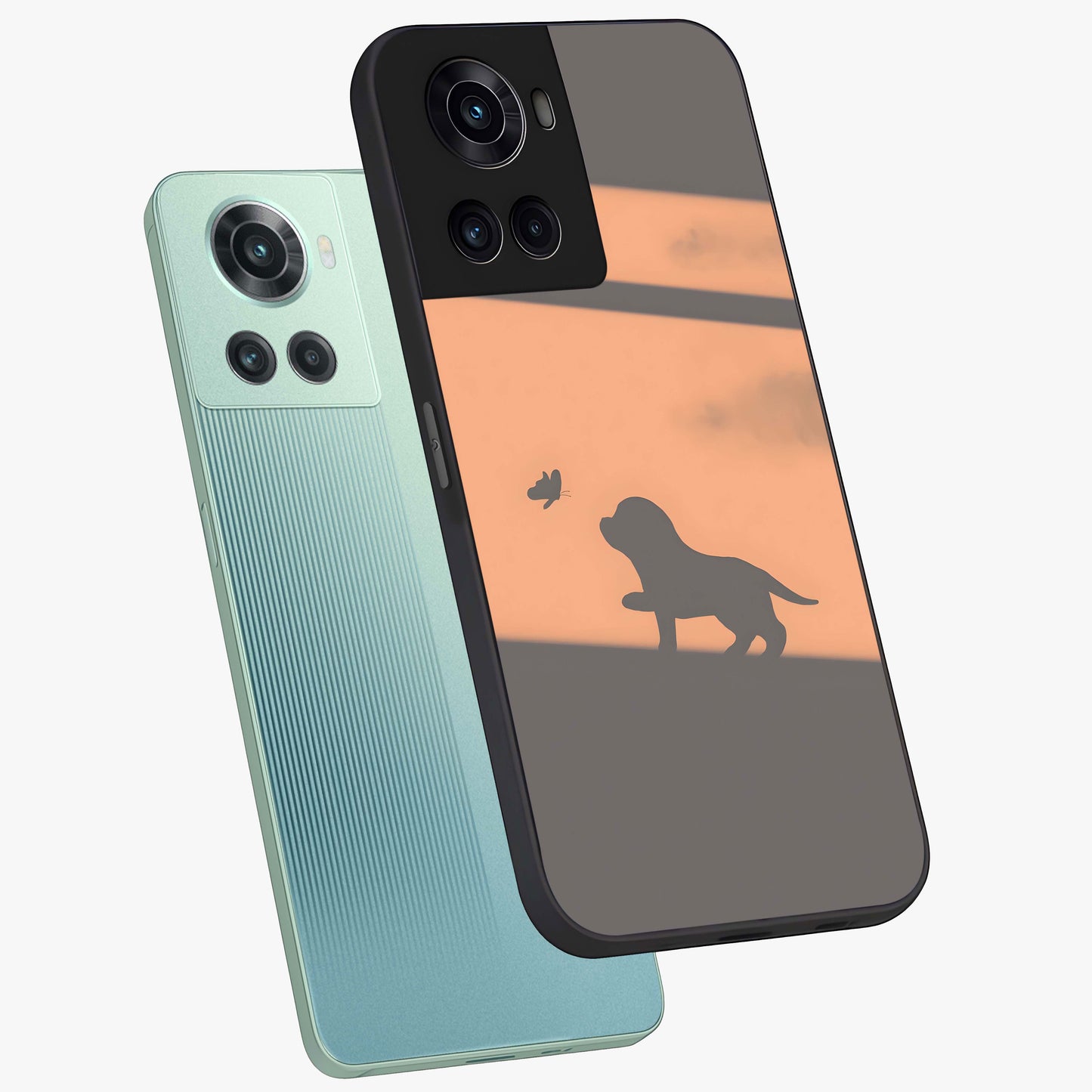 Puppy Shadow Art Glass Case for 1+10R angled mockup showcasing glossy finish and soft shadow detailing