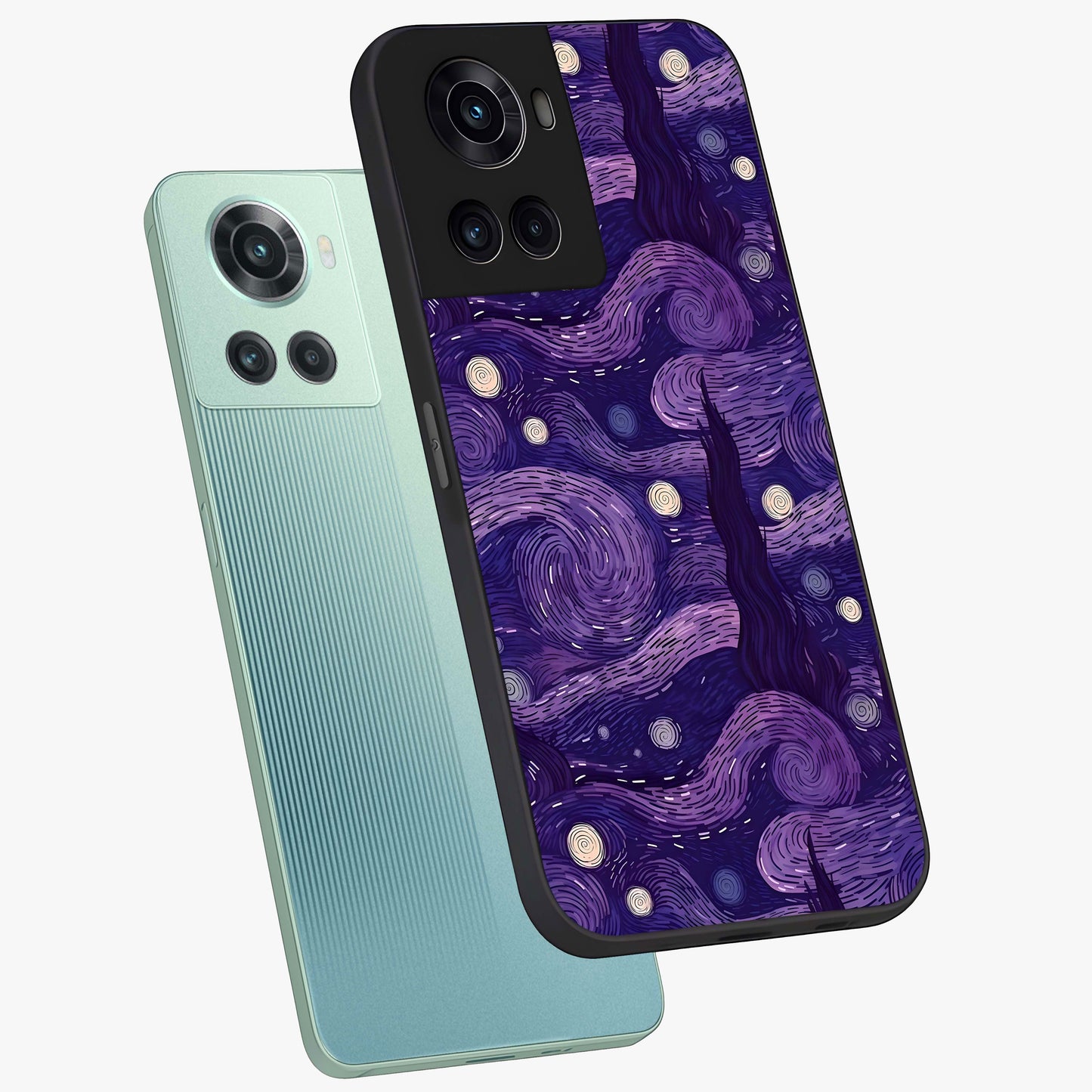 Purple Swirls Glass Case for 1+10R angled mockup showcasing glossy finish and smooth gradient detailing