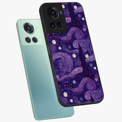 Purple Swirls Glass Case for 1+10R angled mockup showcasing glossy finish and smooth gradient detailing