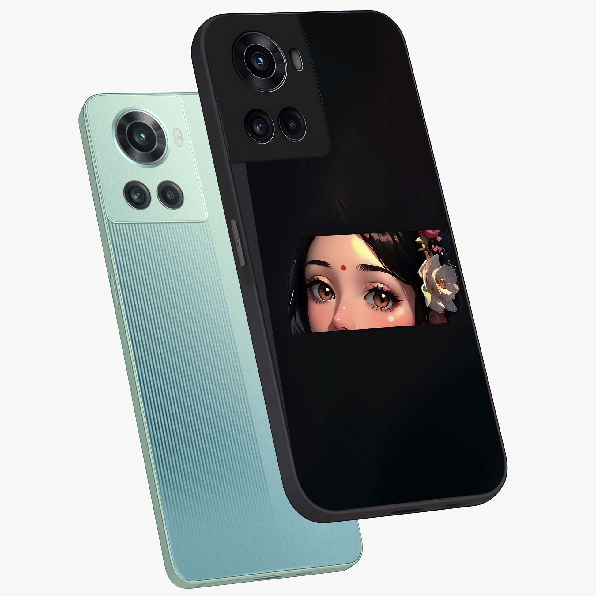 Radha Divine Embrace Glass Case for 1+10R angled mockup showcasing glossy glass finish and vibrant spiritual tones