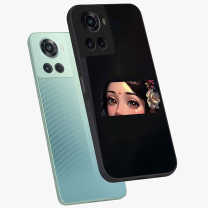 Radha Divine Embrace Glass Case for 1+10R angled mockup showcasing glossy glass finish and vibrant spiritual tones