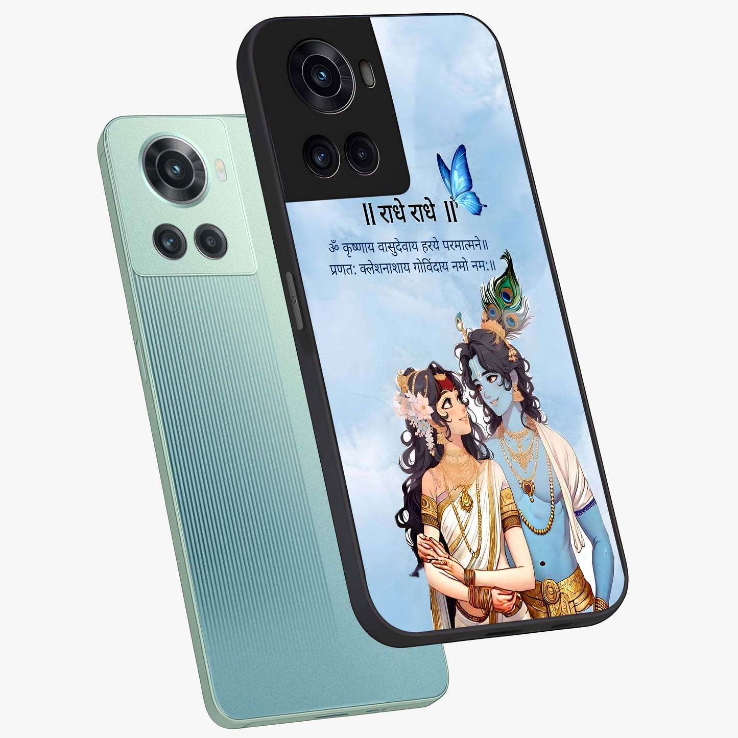 Radha Krishna Eternal Glass Case for 1+10R angled mockup showcasing glossy finish and rich cultural tones