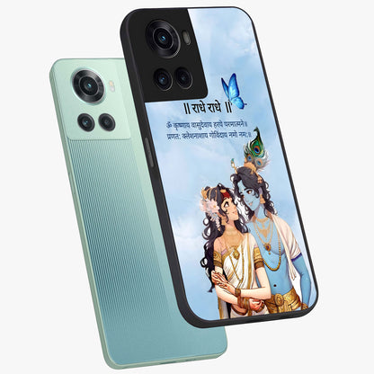 Radha Krishna Eternal Glass Case for 1+10R angled mockup showcasing glossy finish and rich cultural tones