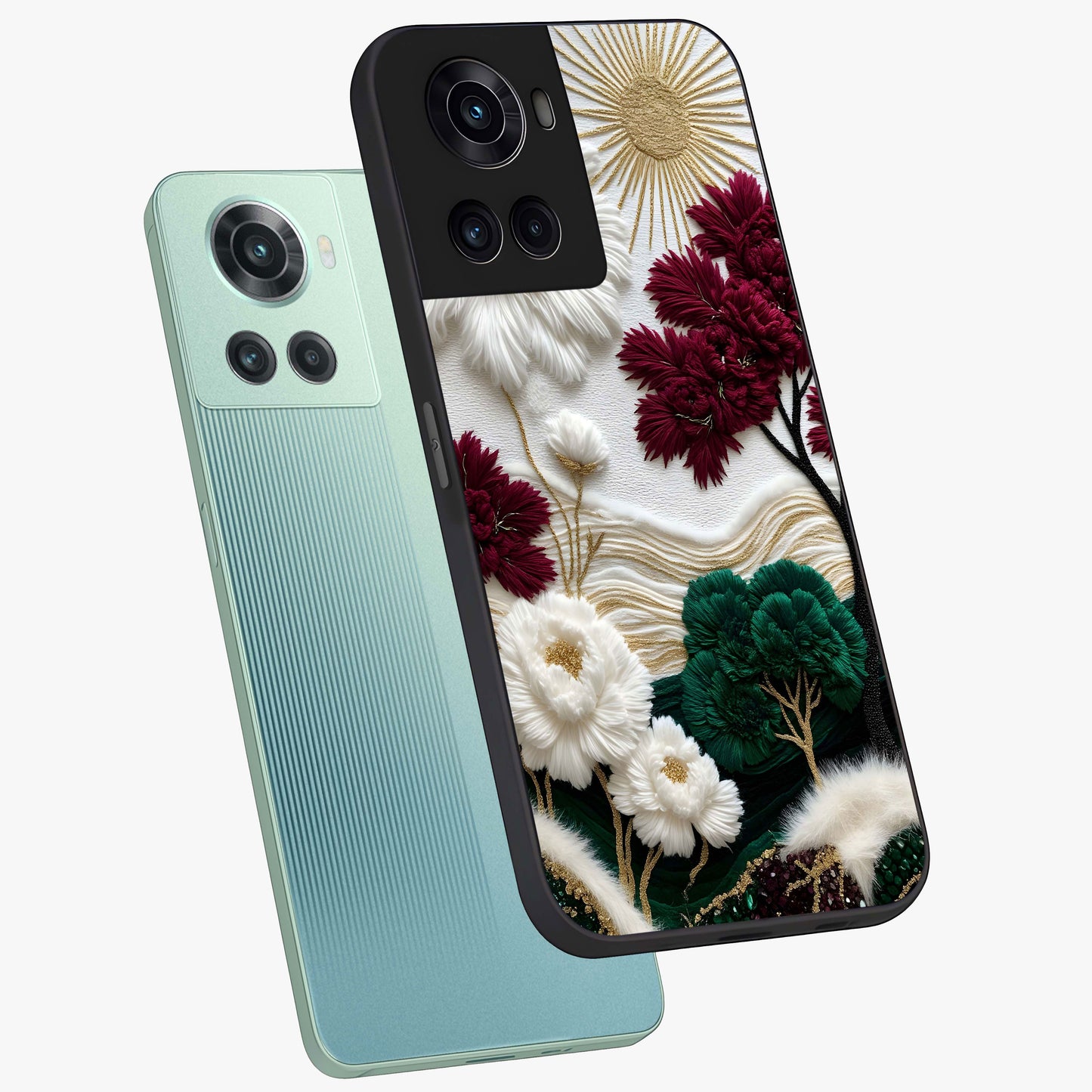 Radiant Bloom Elegance Glass Case for 1+10R angled mockup showcasing glossy finish and refined bloom detailing
