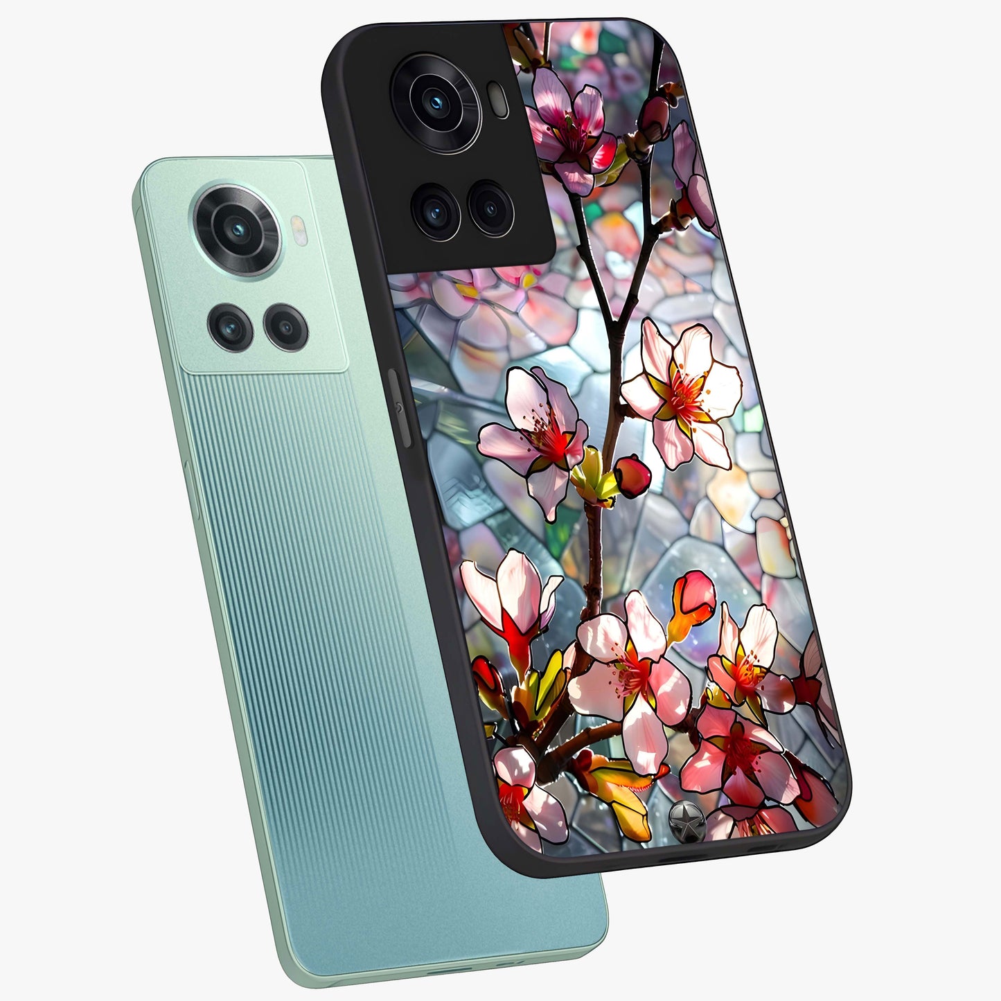 Radiant Bloom Glow Glass Case for 1+10R angled mockup showcasing glossy finish and luminous detailing