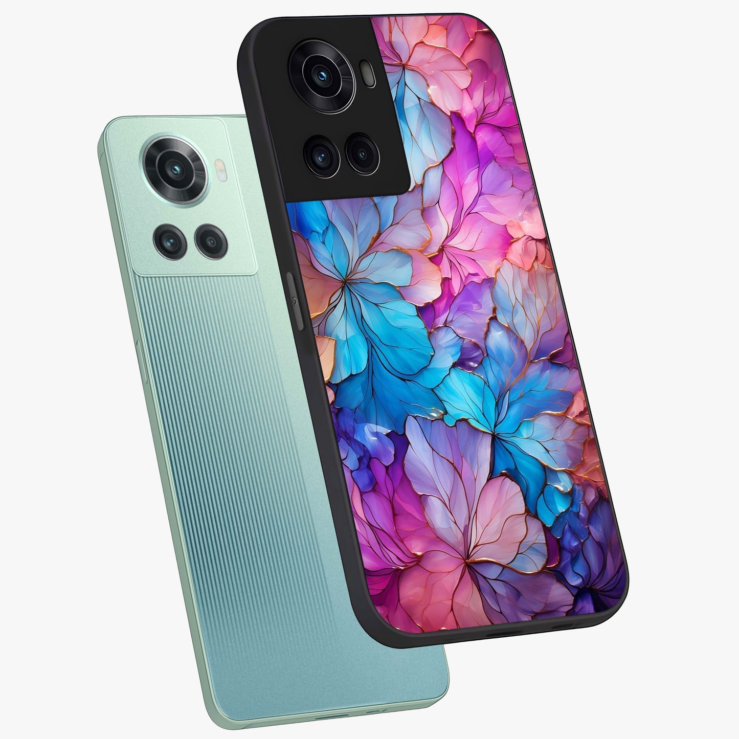 Radiant Floral Whirl Glass Case for 1+10R angled mockup showcasing glossy finish and dynamic bloom tones