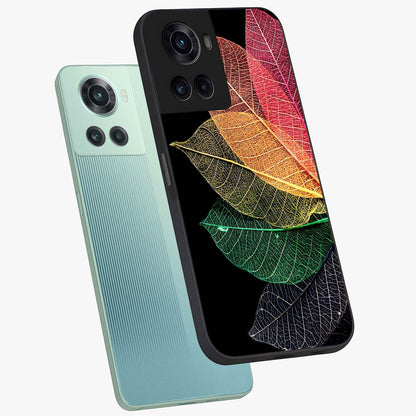 Rainbow Leaf Glow Glass Case for 1+10R angled mockup showcasing glossy finish and radiant gradient tones