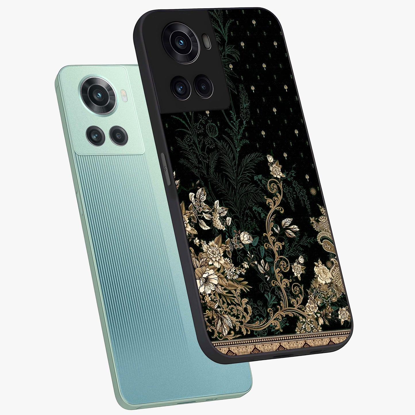 Regal Botanical Tapestry Glass Case for 1+10R angled mockup showcasing glossy finish and rich heritage tones