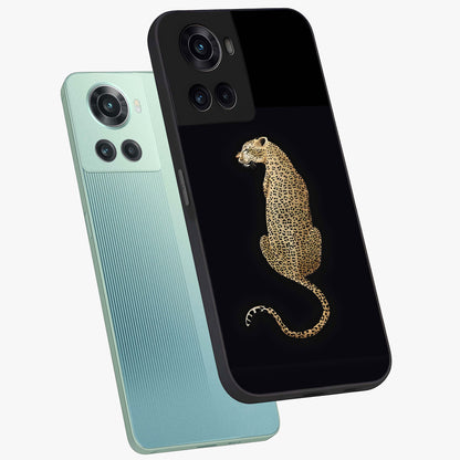 Regal Leopard Glass Case for 1+10R angled mockup showcasing glossy glass finish and detailed animal textures