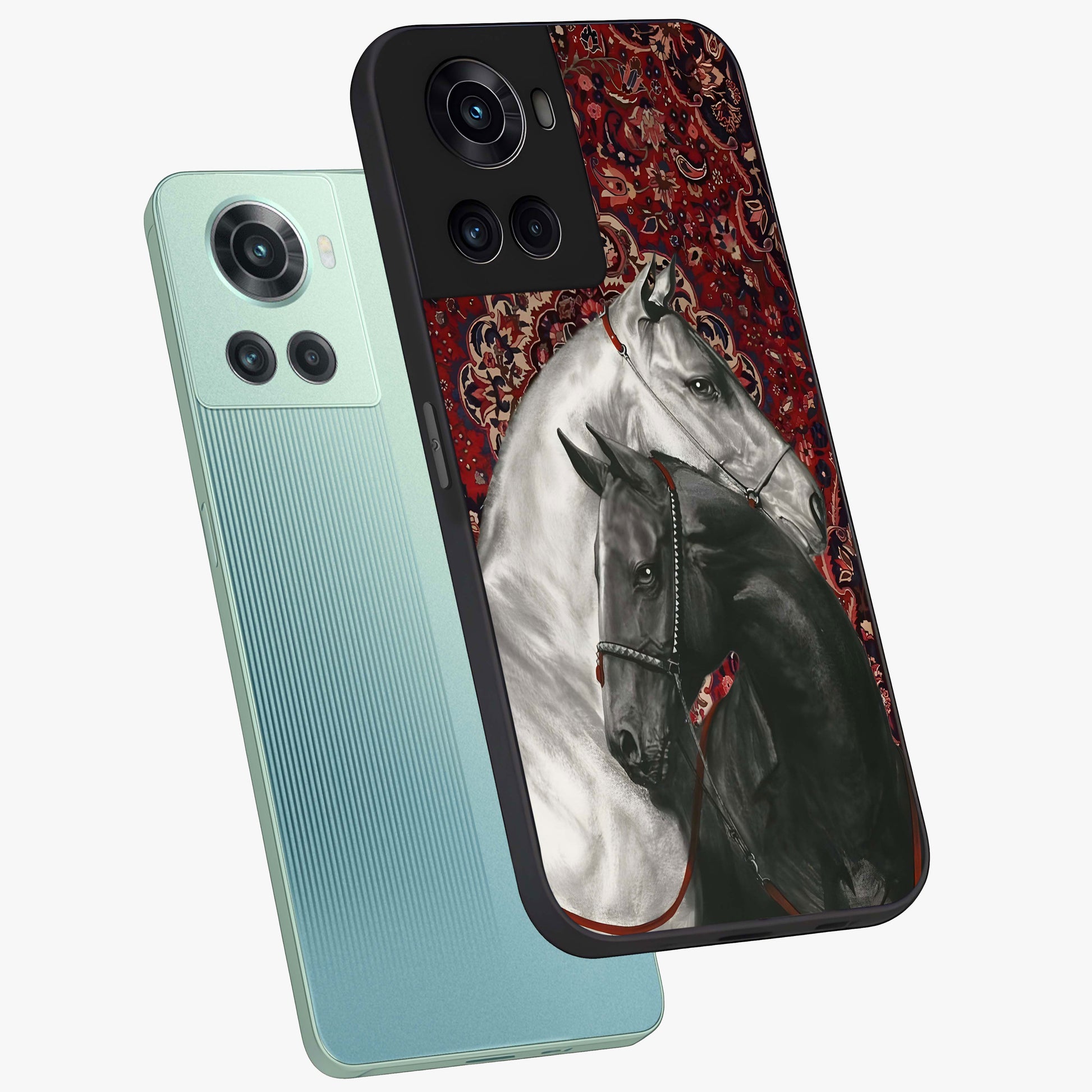 Regal Stallion Tapestry Glass Case for 1+10R angled mockup showcasing glossy finish and rich ornamental tones