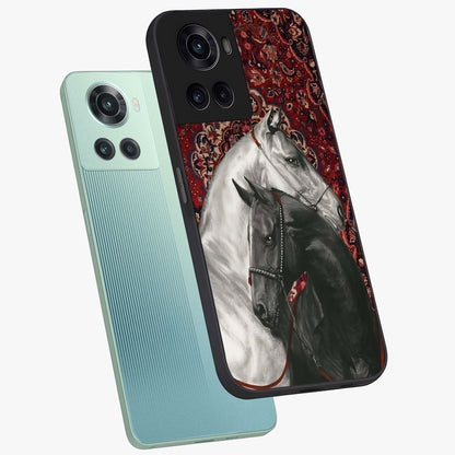 Regal Stallion Tapestry Glass Case for 1+10R angled mockup showcasing glossy finish and rich ornamental tones