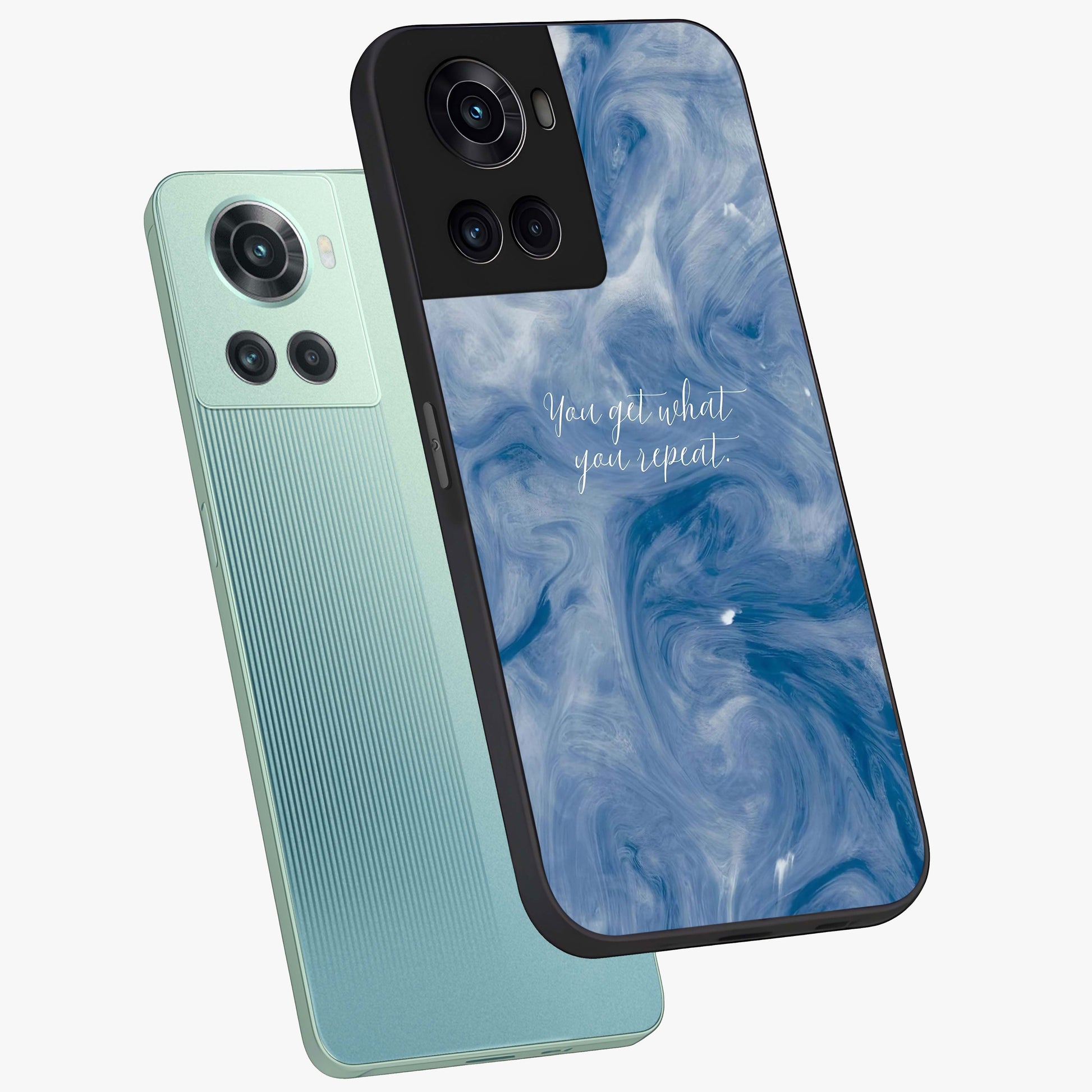 Repeat Your Destiny Glass Case for 1+10R angled mockup showcasing glossy finish and clean modern detailing