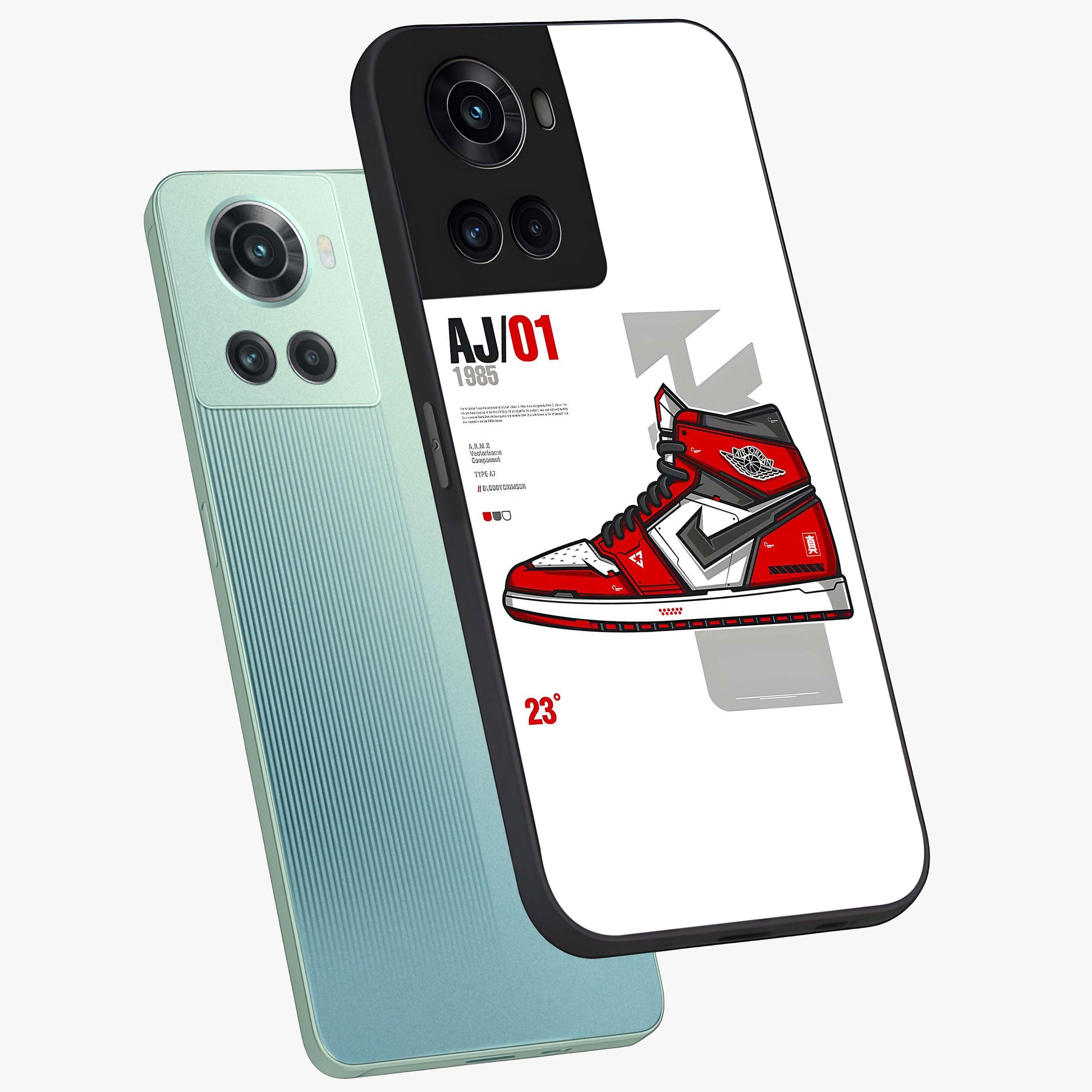 Retro Sneaker Blueprint Glass Case for 1+10R angled mockup showcasing glossy finish and sporty retro detailing