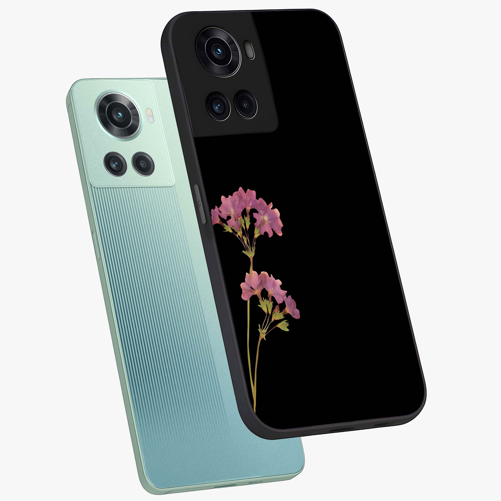 Riching Lavender Flower Glass Case for 1+10R angled mockup showcasing glossy finish and pastel purple tones