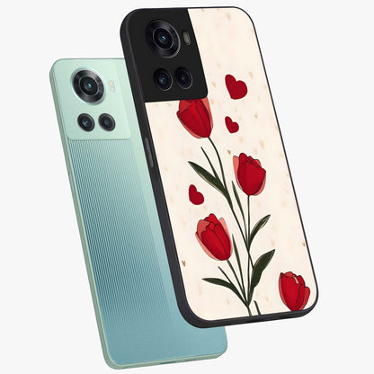 Romantic Tulip Hearts Glass Case for 1+10R angled mockup showcasing glossy glass finish and soft romantic tones