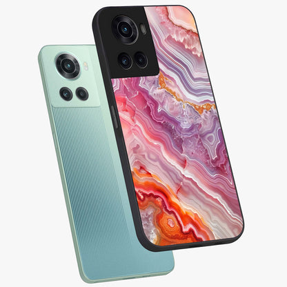 Rose Quartz Marble Glass Case for 1+10R angled mockup showcasing glossy finish and smooth quartz detailing