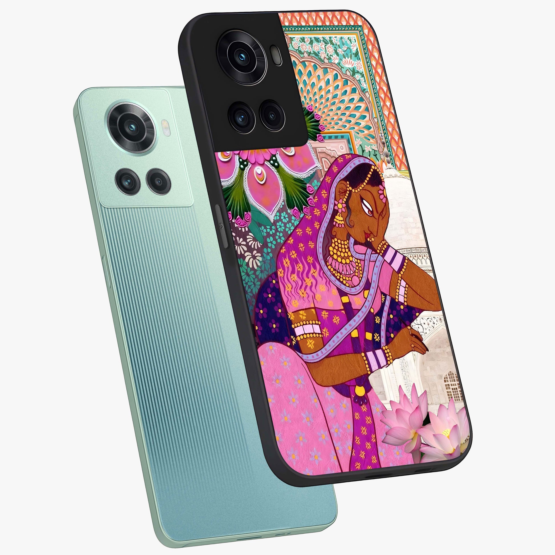 Royal Lotus Muse Glass Case for 1+10R angled mockup showcasing glossy finish and refined floral tones