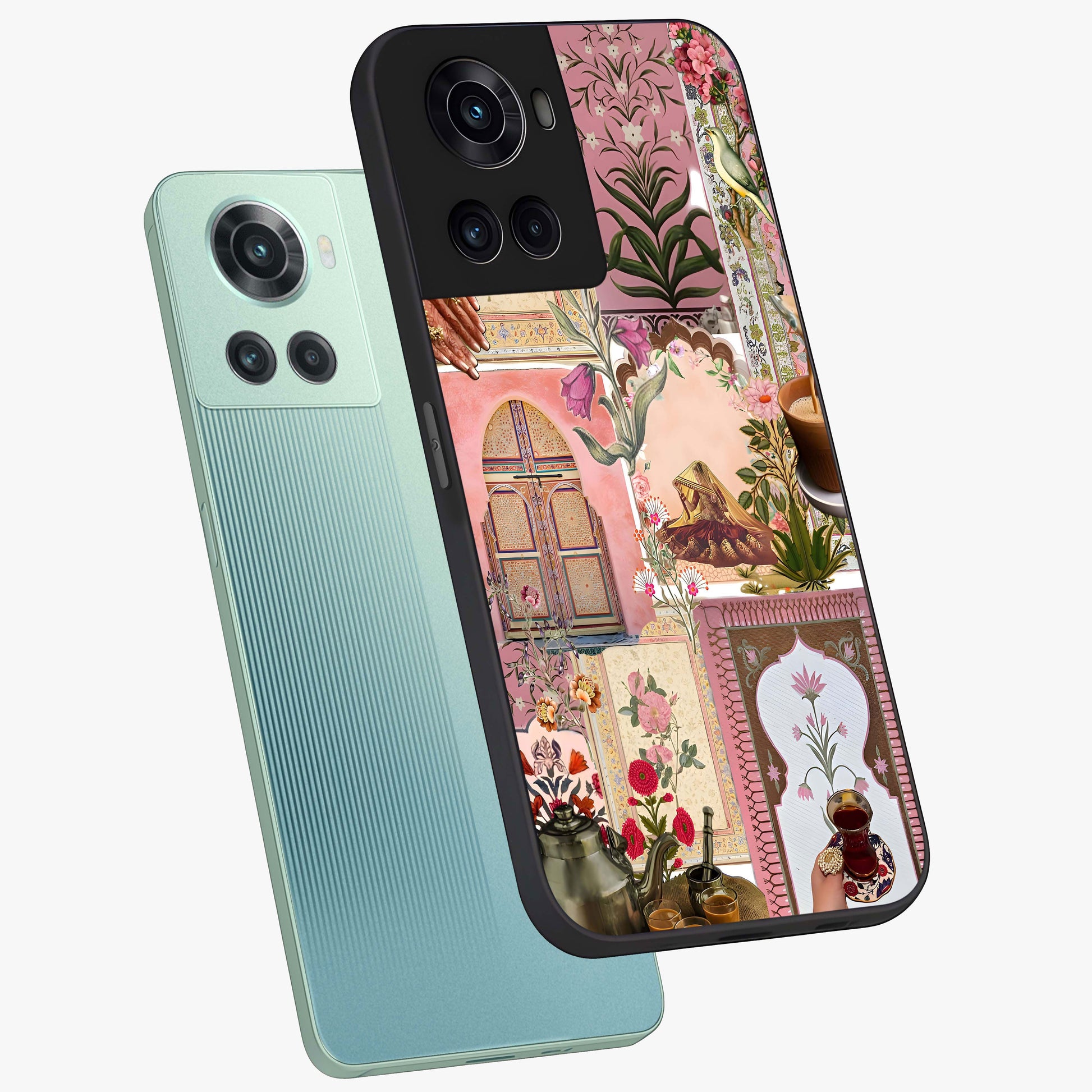 Royal Pink Legacy Glass Case for 1+10R angled mockup showcasing glossy finish and refined pastel tones