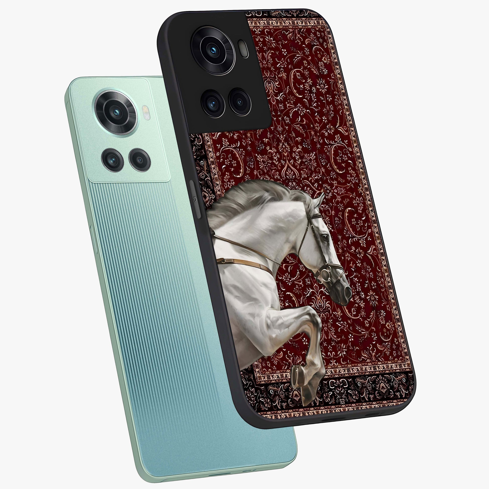 Royal Rider Tapestry Glass Case for 1+10R angled mockup showcasing glossy finish and heritage inspired detailing