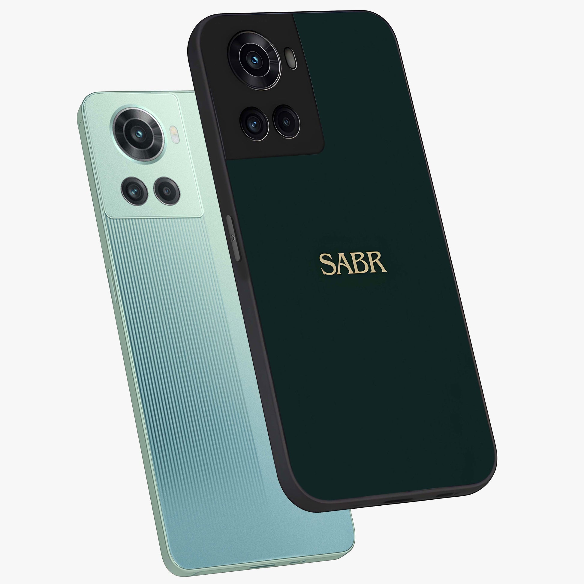 Sabr Minimal Patience Glass Case for 1+10R angled mockup showcasing glossy finish and subtle modern tones
