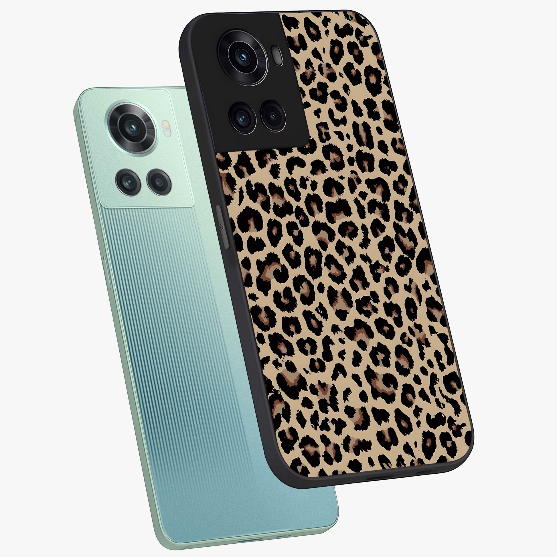 Savage Chic Pattern Glass Case for 1+10R angled mockup showcasing glossy finish and modern graphic detailing