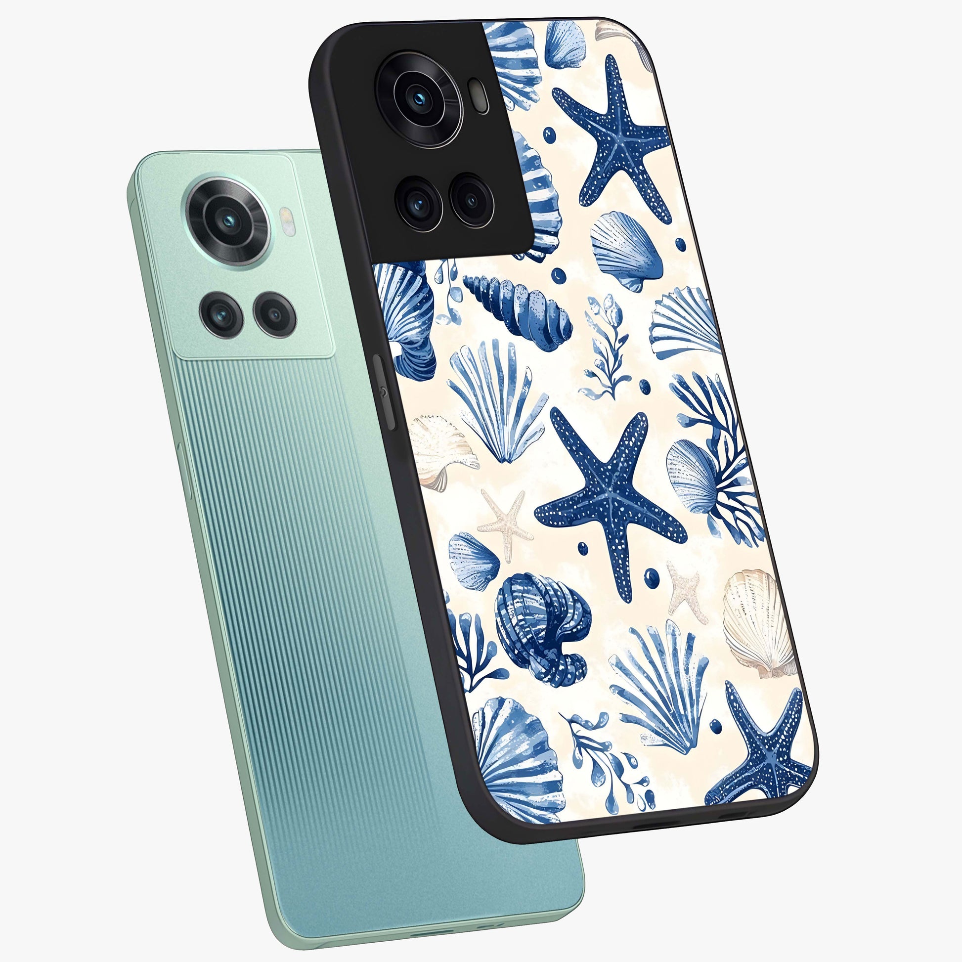 Seaside Starfish Magic Glass Case for 1+10R angled mockup showcasing glossy finish and coastal pastel detailing