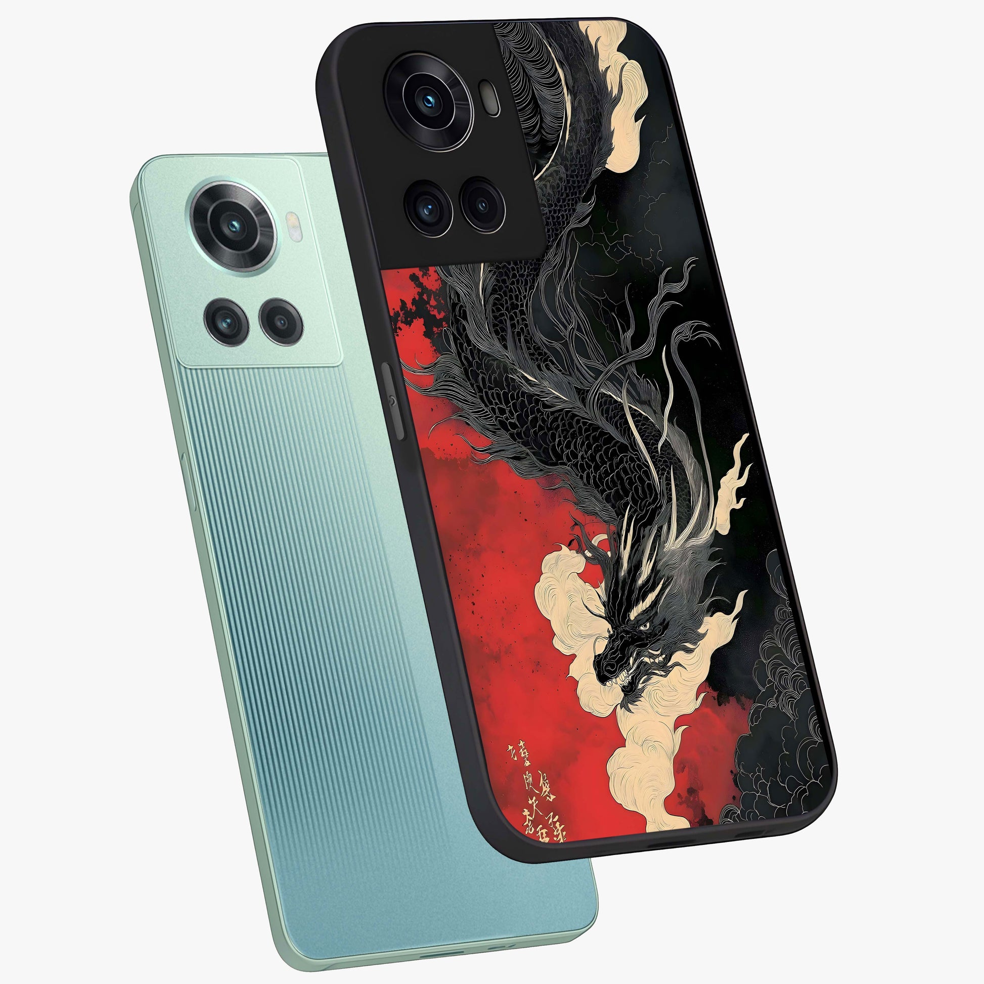 Shadow Dragon Fury Glass Case for 1+10R angled mockup showcasing glossy finish and powerful fantasy detailing