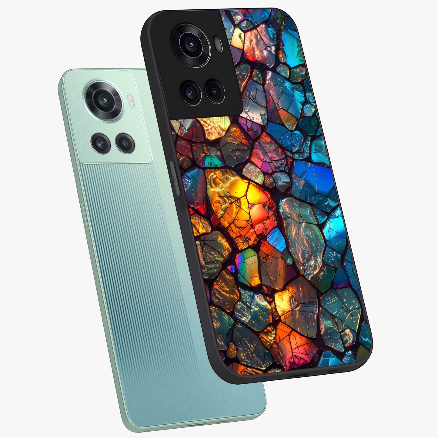 Shattered Light Glass Case for 1+10R angled mockup showcasing glossy finish and high contrast detailing