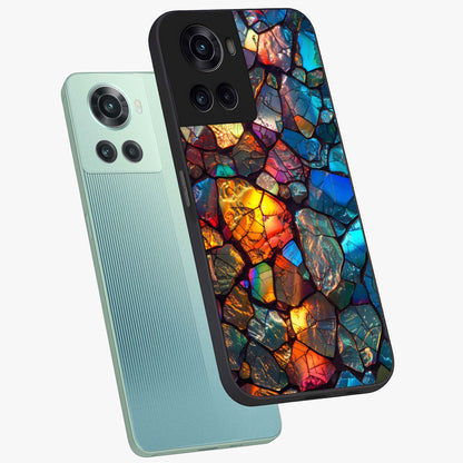 Shattered Light Glass Case for 1+10R angled mockup showcasing glossy finish and high contrast detailing