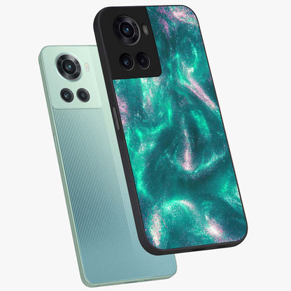Shimmering Nebula Waves Glass Case for 1+10R angled mockup showcasing glossy finish and deep space gradients