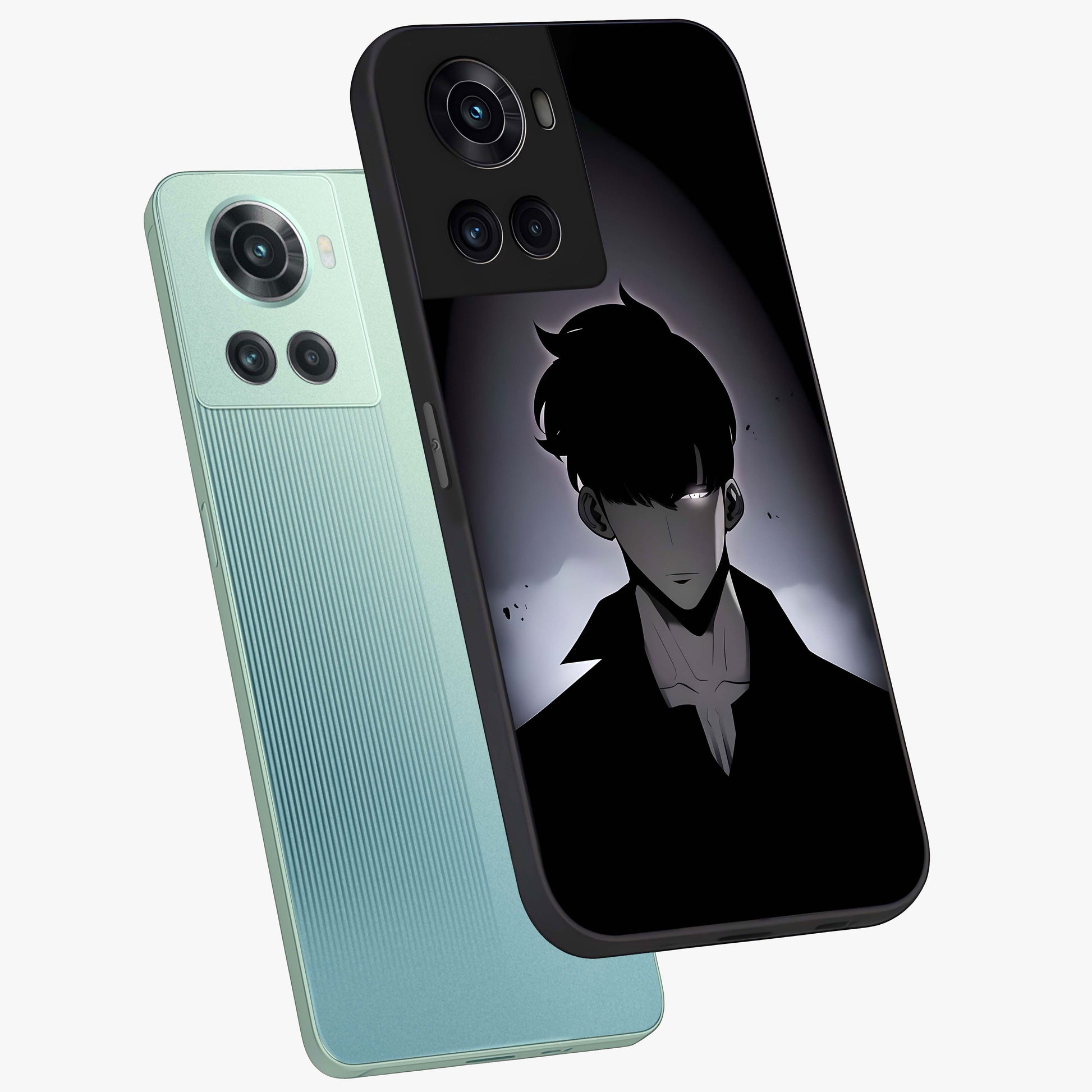 Silent Shadow Awakening Glass Case for 1+10R angled mockup showcasing glossy finish and dramatic shadow detailing